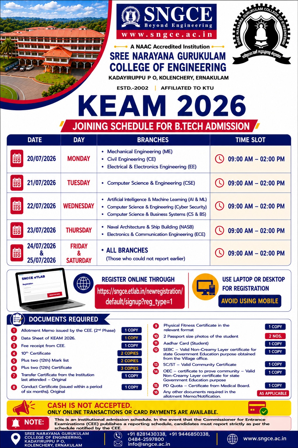 KEAM 2026 Joining Schedule for B.Tech Admission